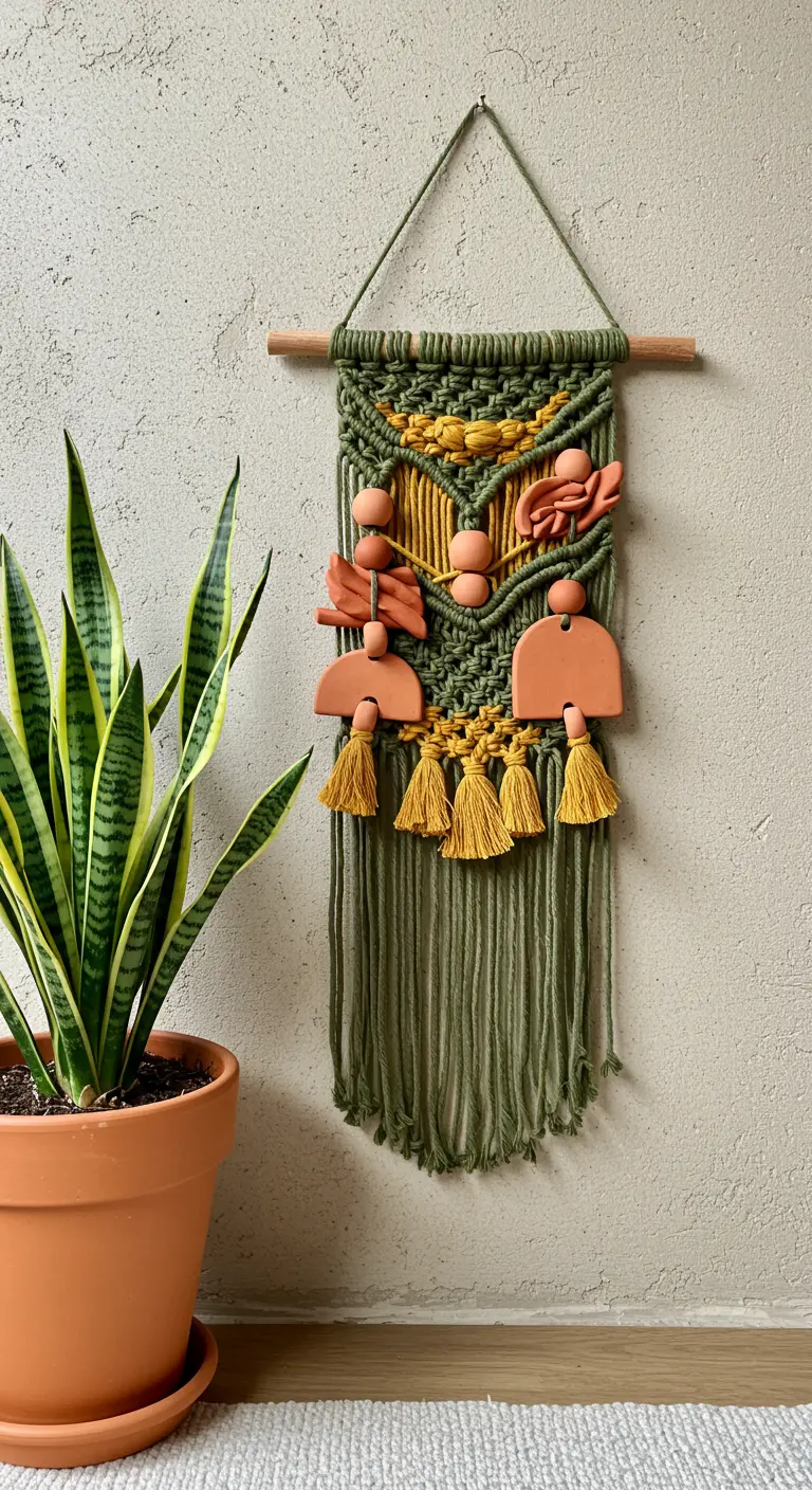 Tapiz de macramé verde y amarillo con piezas de arcilla terracota y borlas.