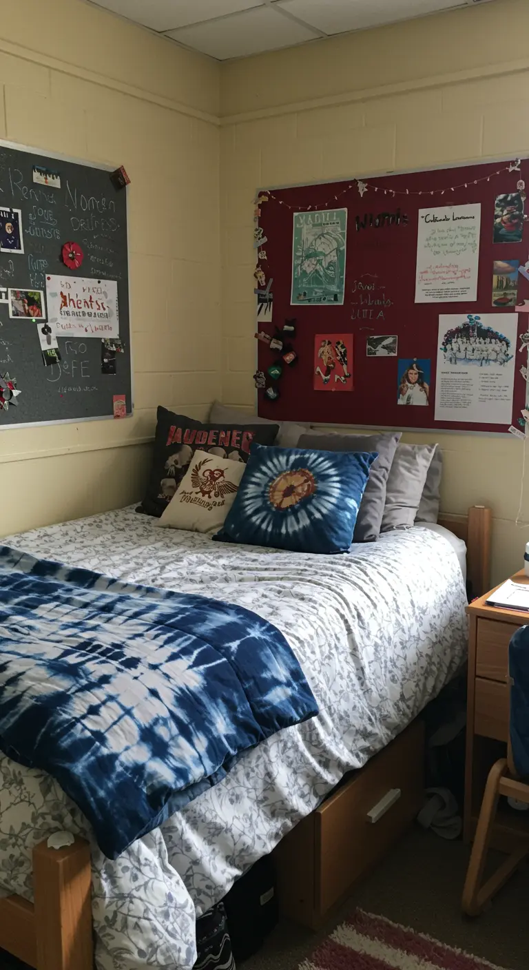Cama con funda nórdica y cojines con un estampado tie-dye en tonos azules.