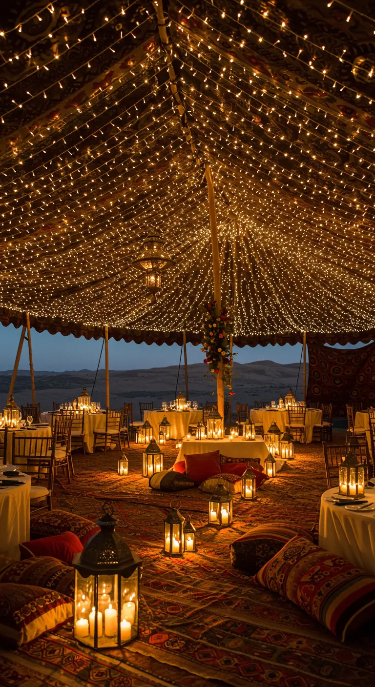 Interior de una carpa de estilo marroquí con el techo cubierto de luces y cojines en el suelo.