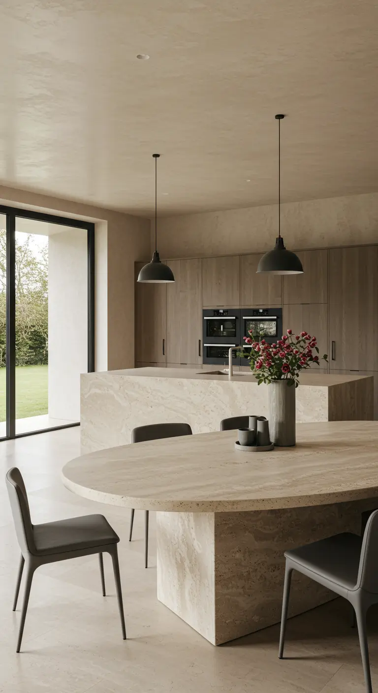 Cocina y comedor minimalistas con isla y mesa de travertino y sillas oscuras.