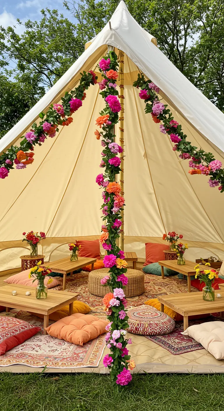 Interior de un tipi de lona decorado con una guirnalda de flores de colores vivos.