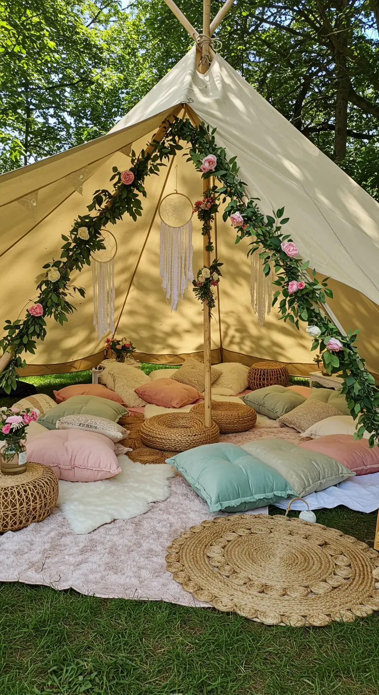 Interior de un tipi decorado para boda con cojines pastel, flores y atrapasueños.