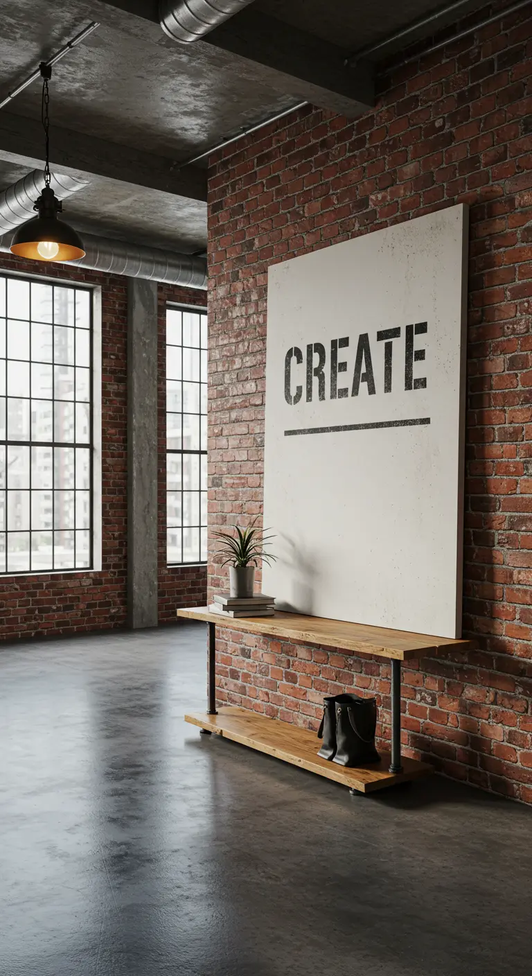 Loft industrial con un gran lienzo blanco apoyado en un banco que dice 'CREATE'.