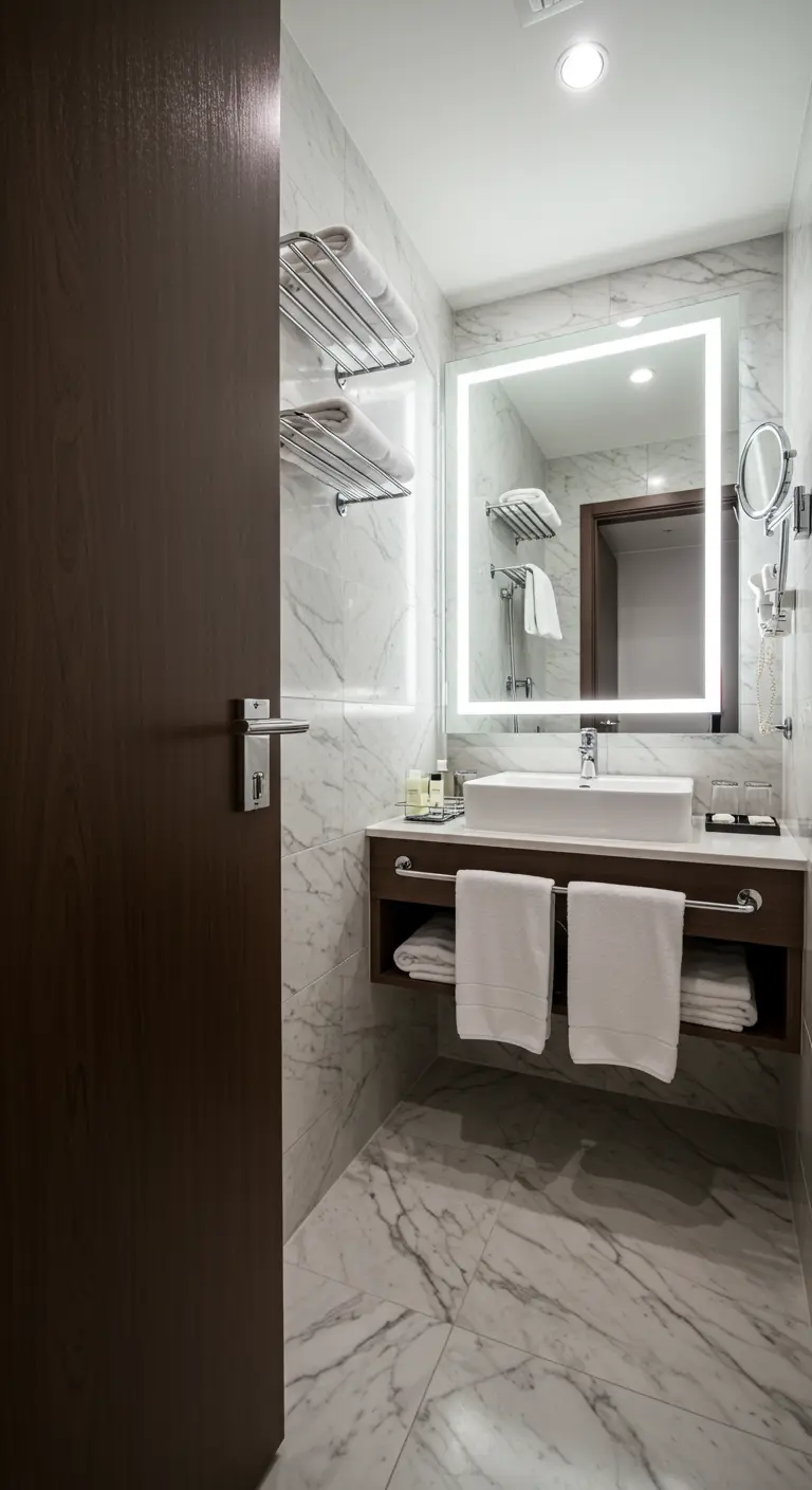 Toalleros de metal cromado instalados en la pared detrás de una puerta de baño de madera oscura.