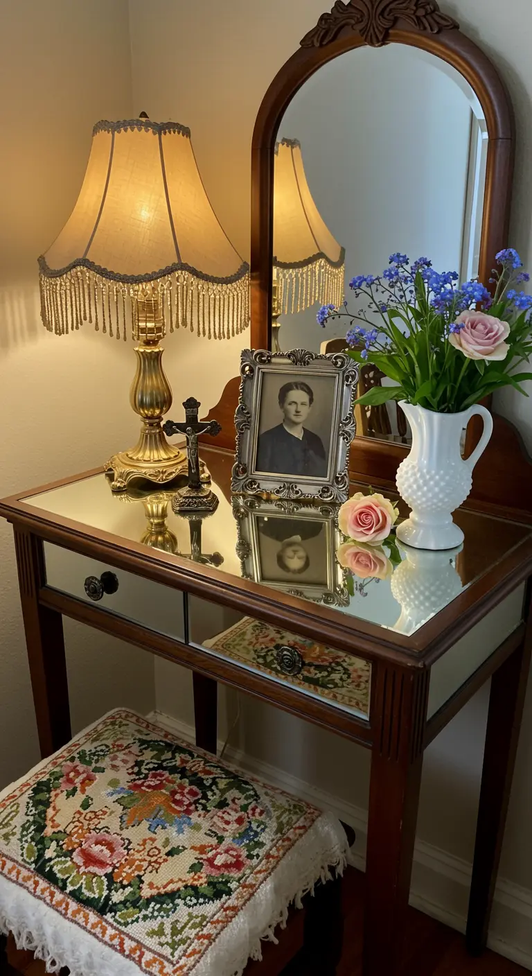 Tocador vintage convertido en altar con una foto antigua, flores y una lámpara clásica.