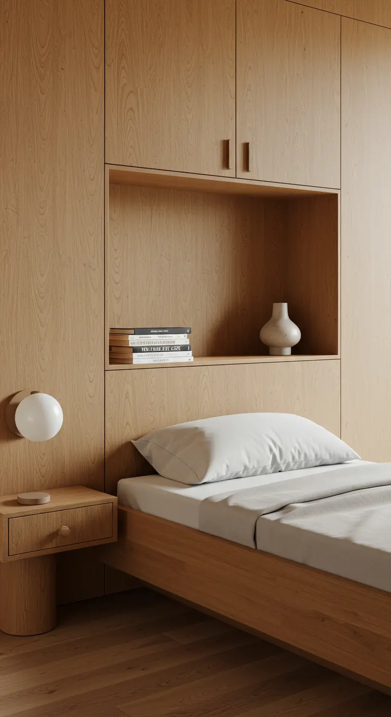 Dormitorio con cama y mesita de noche de madera integrados en un armario a medida.