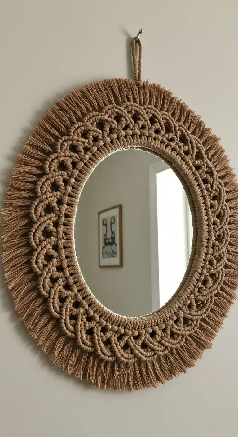 Espejo de macramé en color caramelo con un patrón floral y flecos cortos.