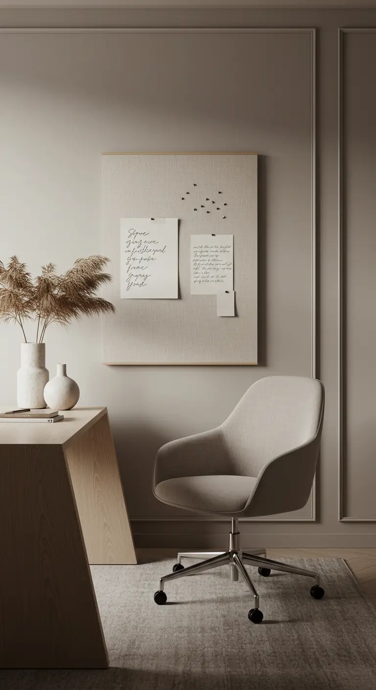Oficina minimalista en tono greige con tablero de lino y escritorio de madera clara.