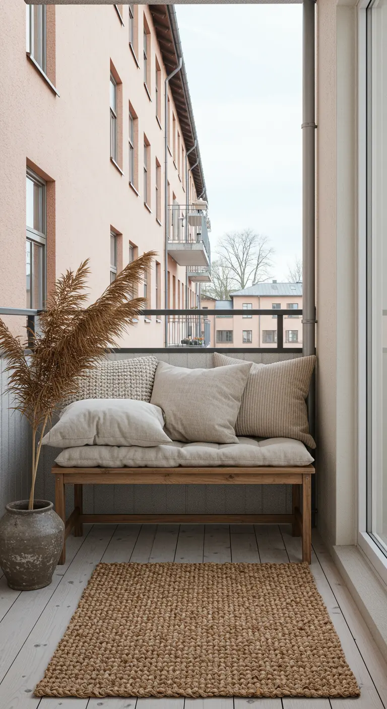 Balcón escandinavo con banco de madera, cojines en tonos neutros, alfombra de yute y hierba de la pampa.