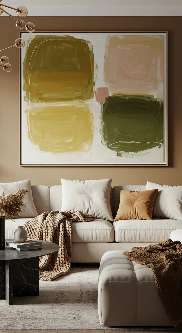 Sala de estar en tonos neutros con un cuadro abstracto en verdes y rosas pálidos.