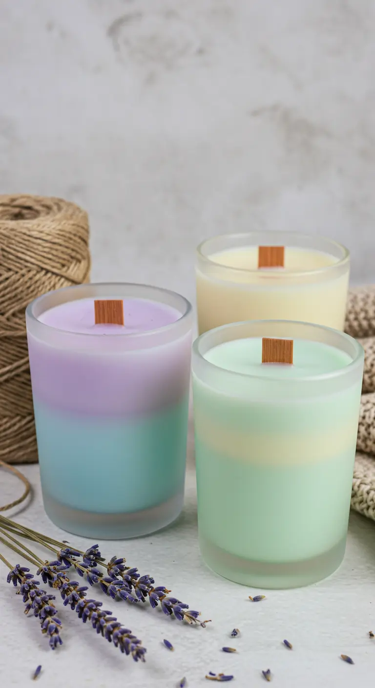 Tres velas en vasos esmerilados con capas de colores pastel y mechas de madera.