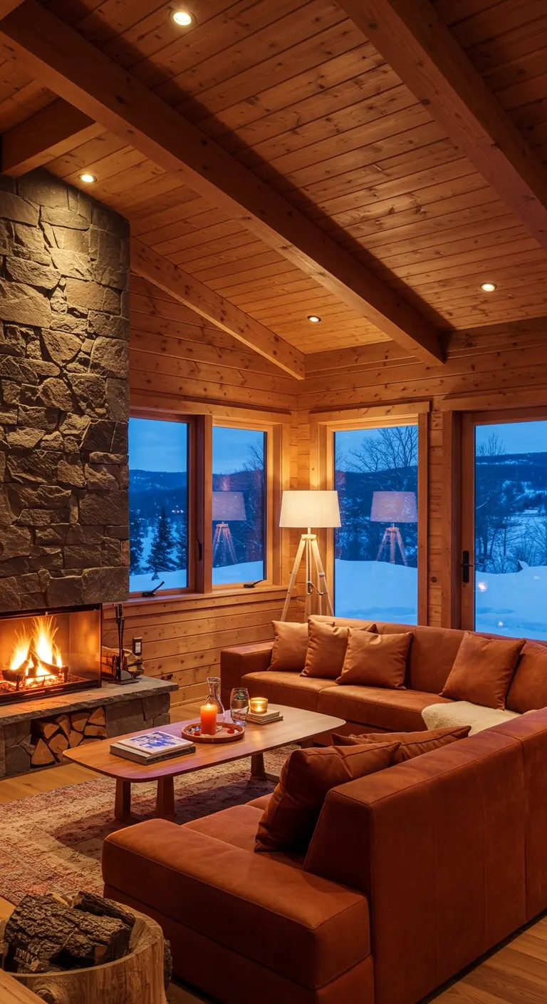 Salón acogedor con sofá seccional color terracota y una gran chimenea de piedra.
