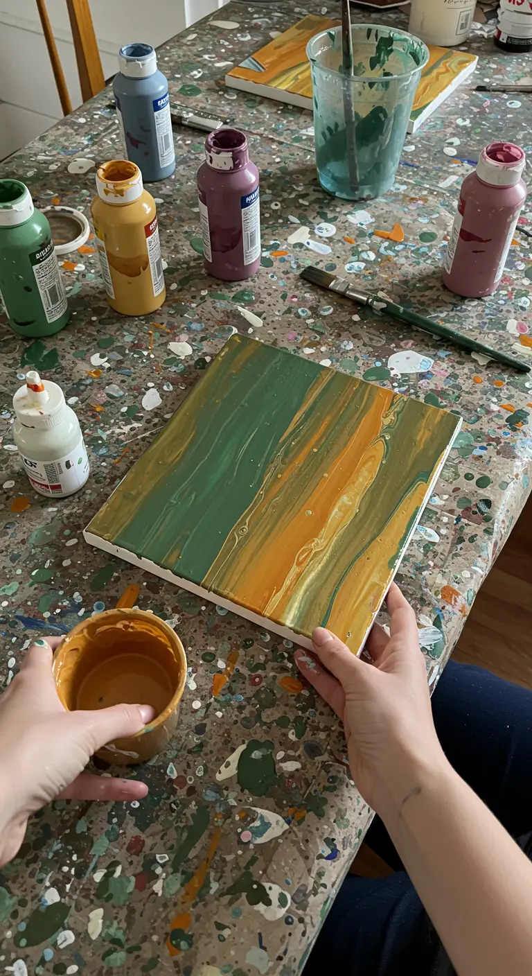 Manos sosteniendo un lienzo con pintura fluida en tonos tierra, como ocre y verde