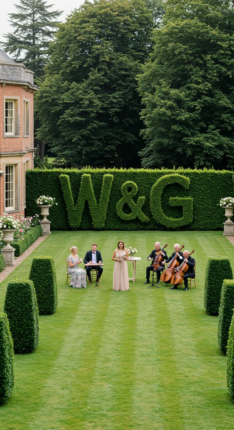 Iniciales 'W & G' podadas en un gran seto verde en el jardín de una mansión.