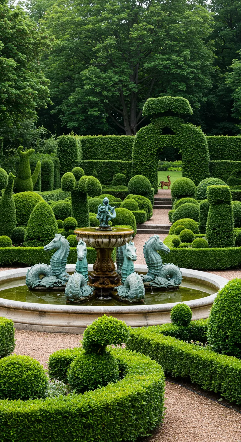 Jardín con topiaria de formas fantásticas y una fuente central con esculturas de caballos de mar.