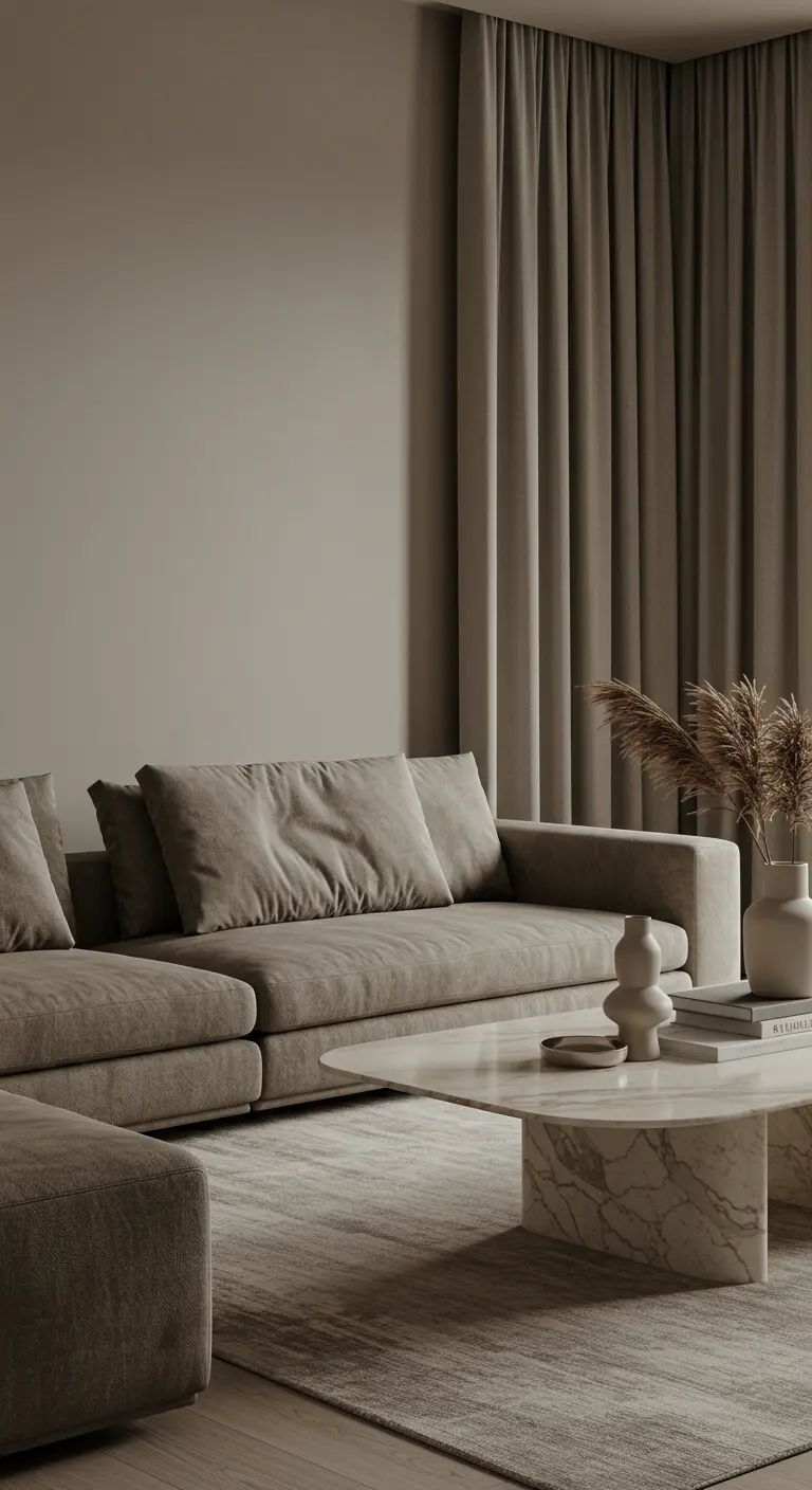 Sala de estar serena y monocromática en tonos topo con sofá de lino y mesa de mármol.