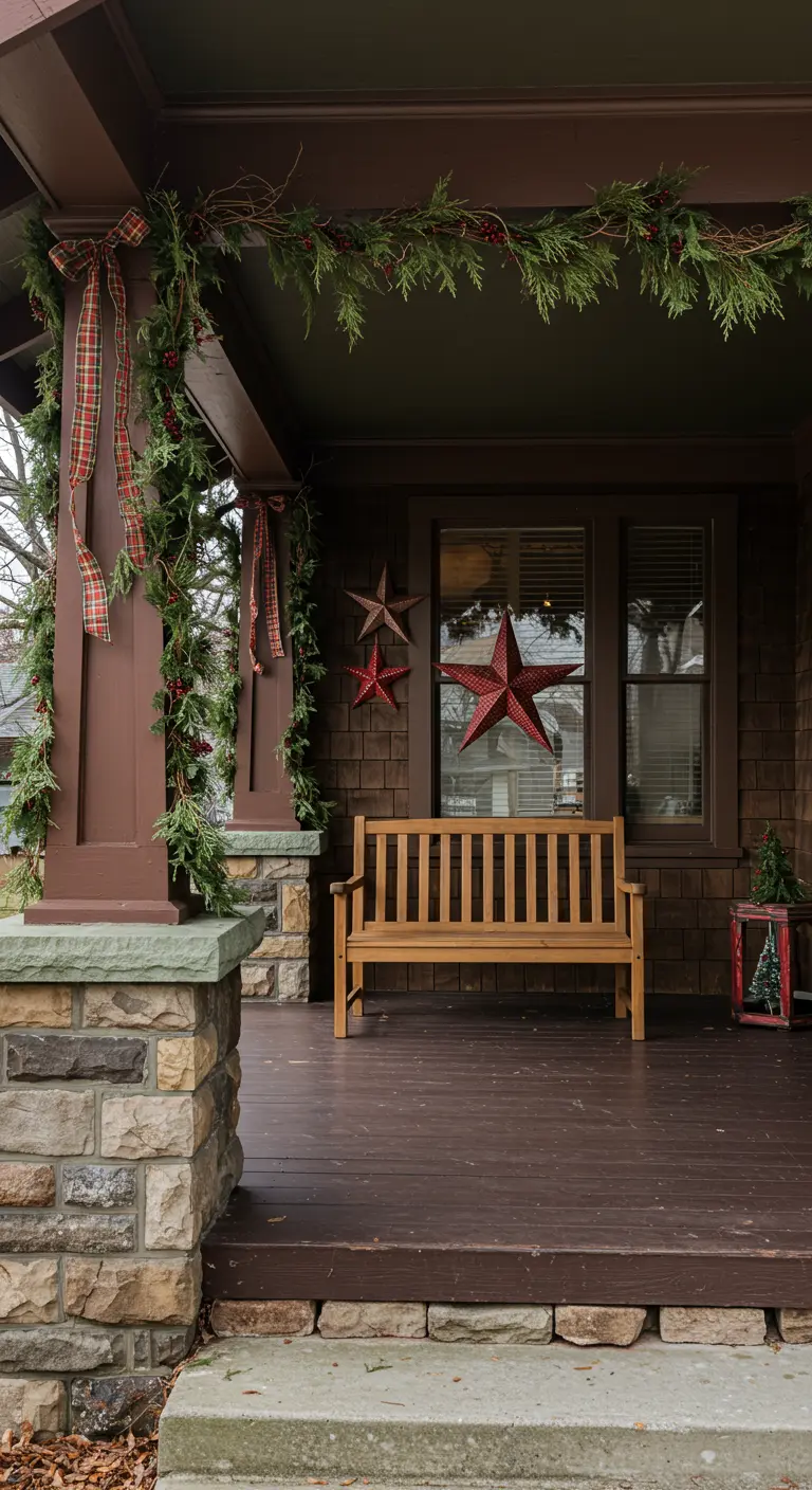 Porche de madera oscura con guirnalda, estrellas rojas de granero y banco de madera.