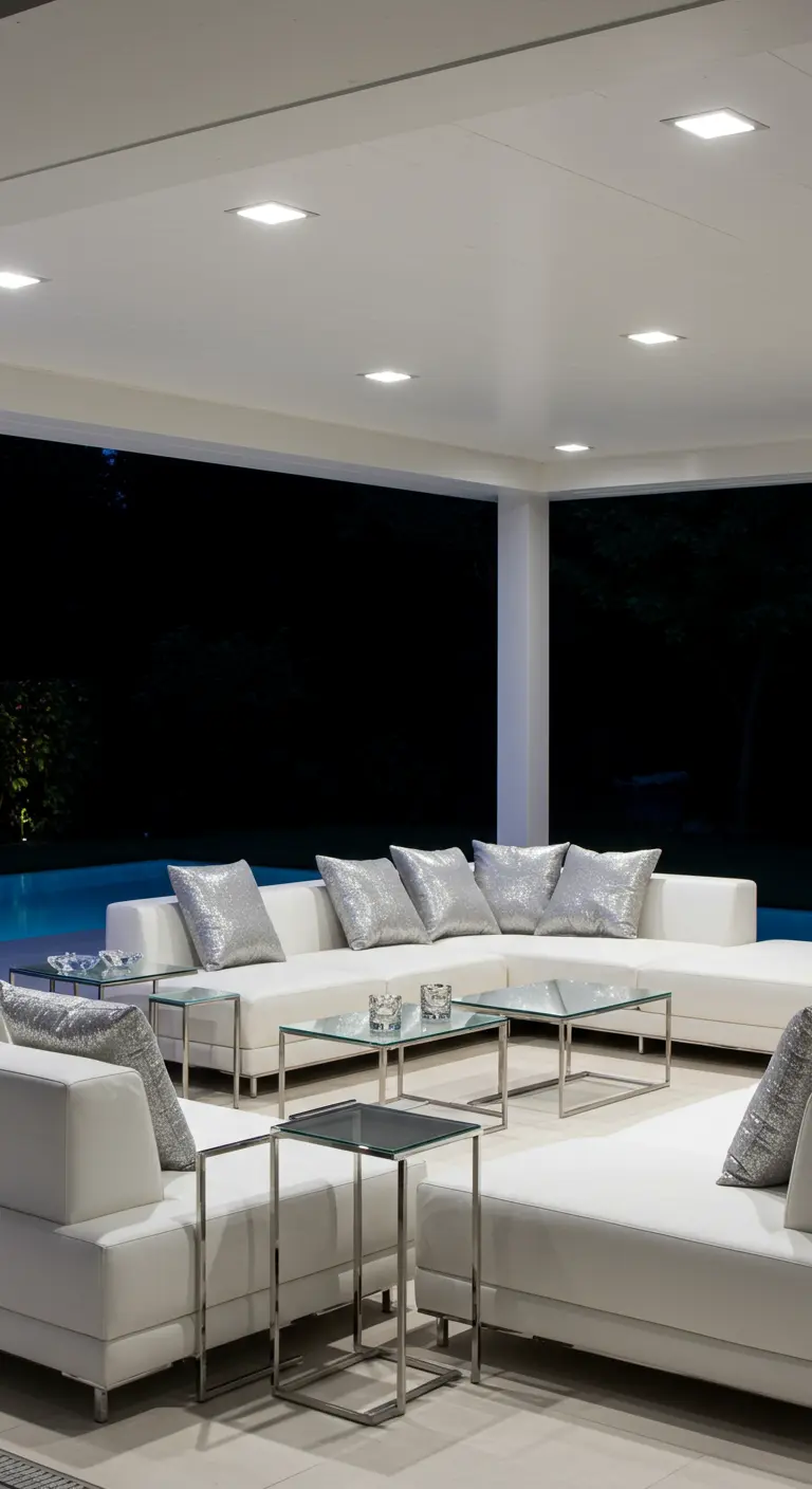 Sofá modular blanco con cojines plateados brillantes y mesas de cristal en un patio de noche.