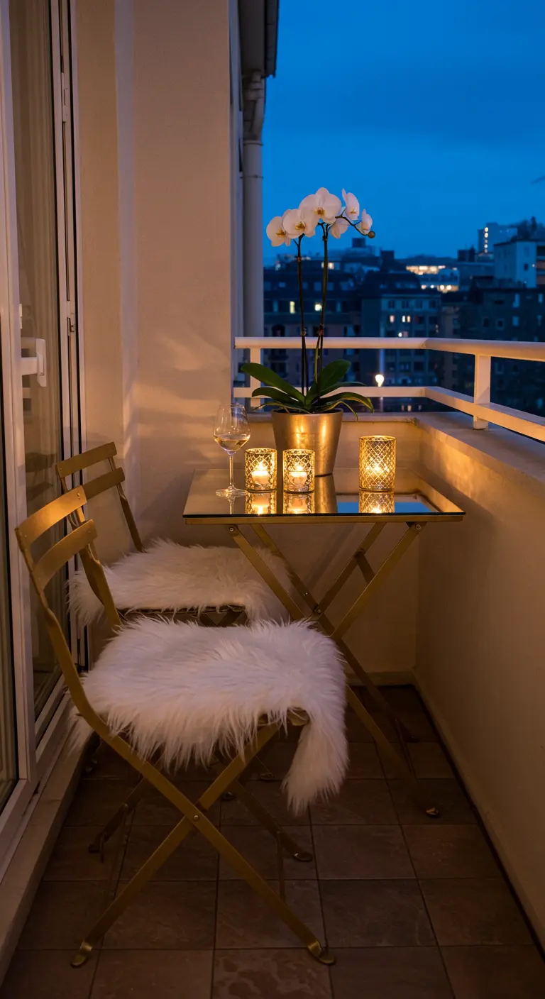 Mesa y sillas plegables doradas con mantas de pelo sintético en un balcón elegante de noche.