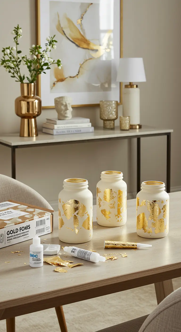 Frascos blancos decorados con apliques irregulares de pan de oro sobre una mesa de trabajo.