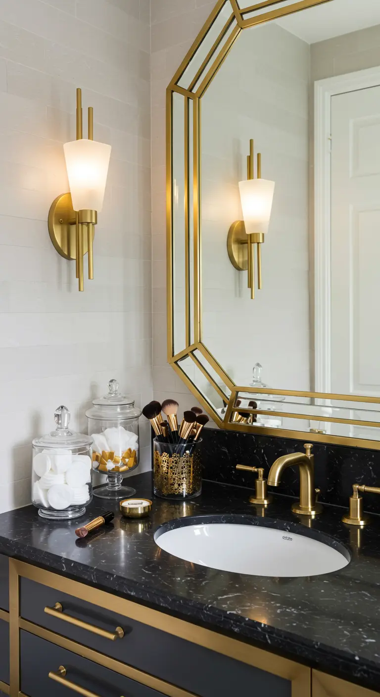 Baño glamuroso con detalles dorados y frascos de vidrio para organizar productos de belleza.