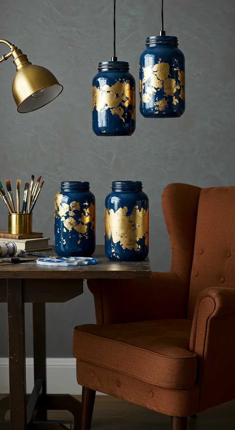 Lámparas colgantes hechas con frascos pintados de azul oscuro y decorados con pan de oro.