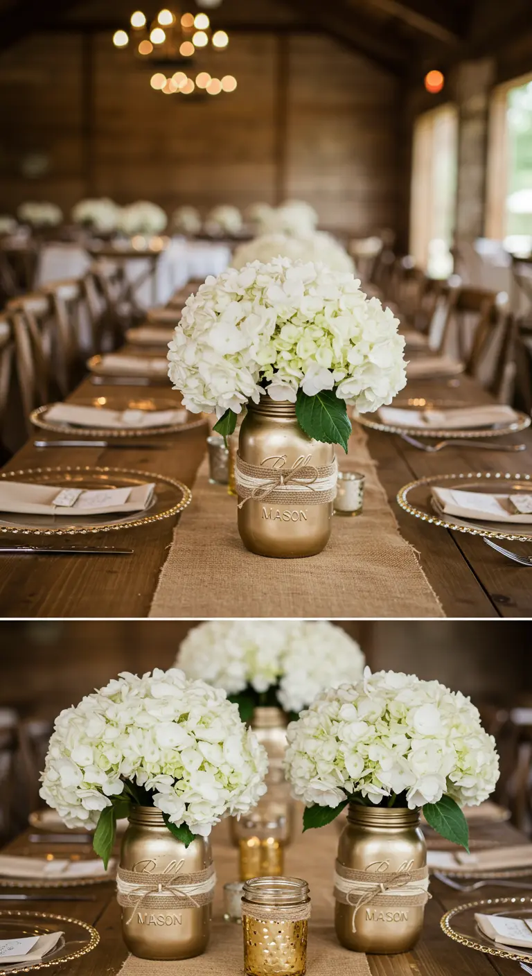 Tarros de cristal pintados de dorado con hortensias blancas como centros de mesa elegantes.