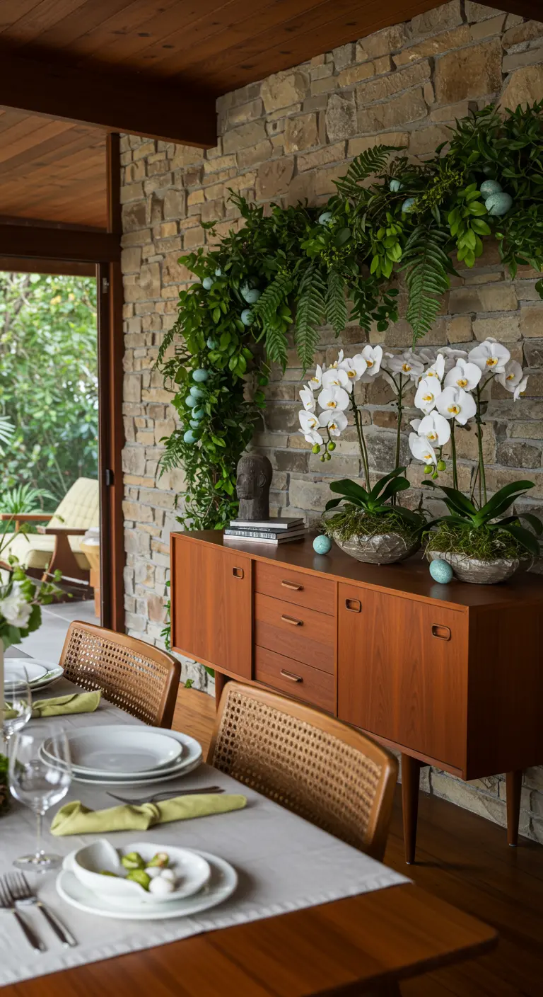 Aparador de madera de estilo mid-century con una guirnalda verde y orquídeas blancas.