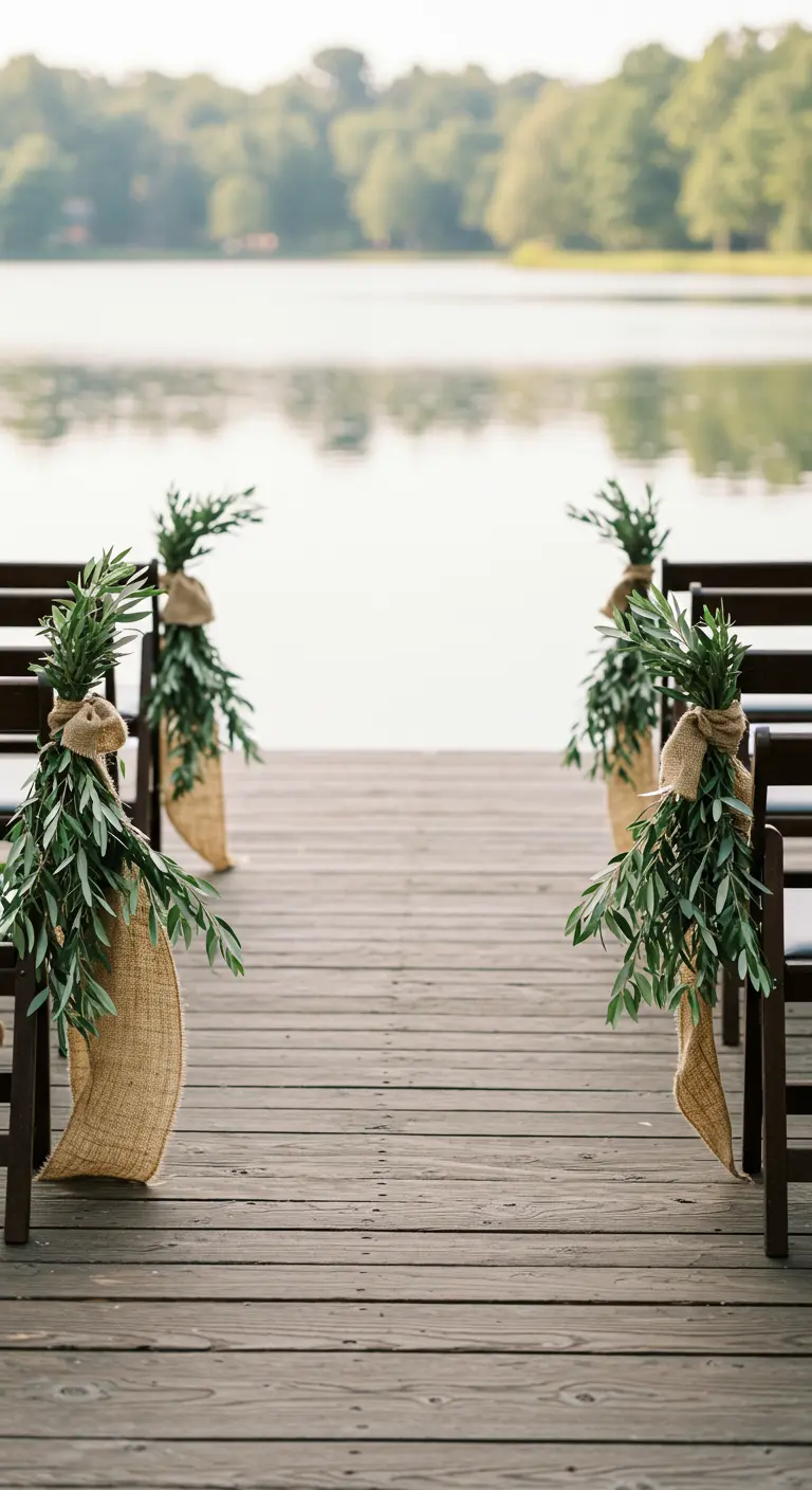 Bancos de madera en un muelle decorados con eucalipto envuelto en tela de arpillera.