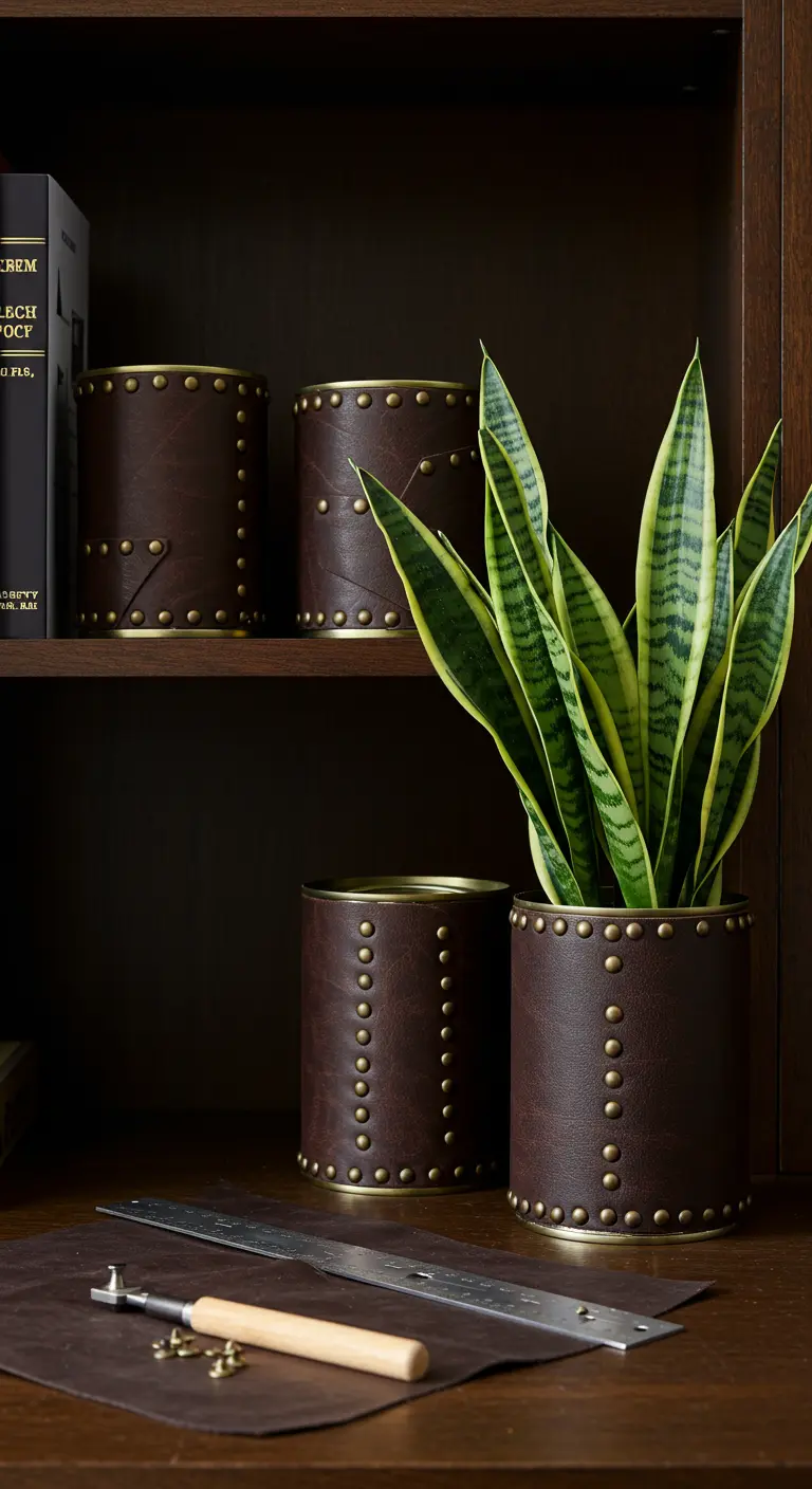 Macetas de lata forradas en cuero marrón oscuro y decoradas con tachuelas doradas.
