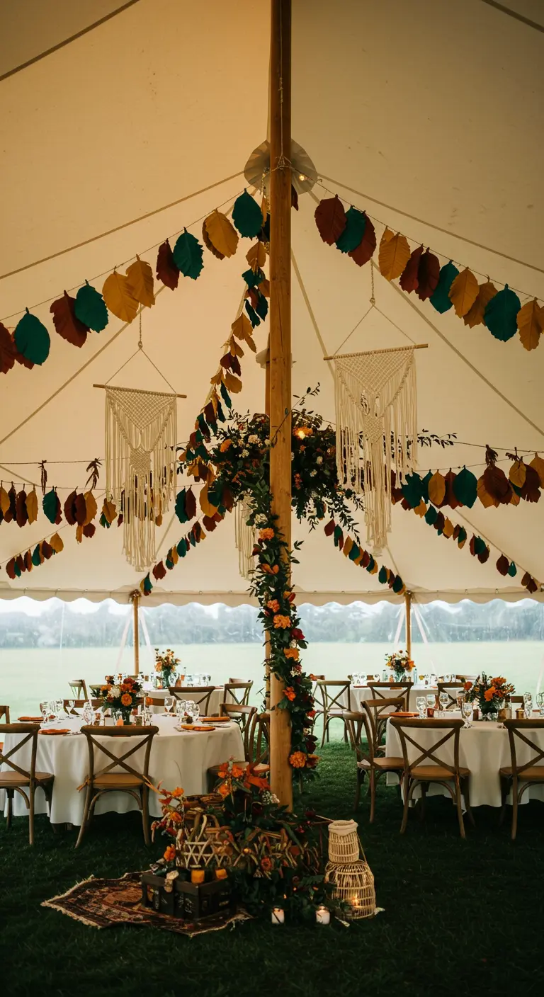 Interior de una carpa de lona decorada con guirnaldas de hojas de papel en tonos tierra y tapices de macramé.
