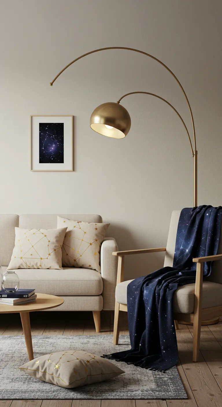 Sala de estar minimalista y moderna con sutiles cojines de constelaciones y una manta azul.