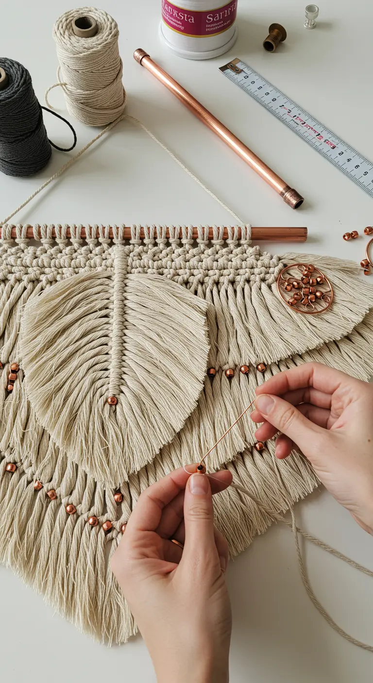 Manos añadiendo cuentas de cobre a un tapiz de macramé en proceso