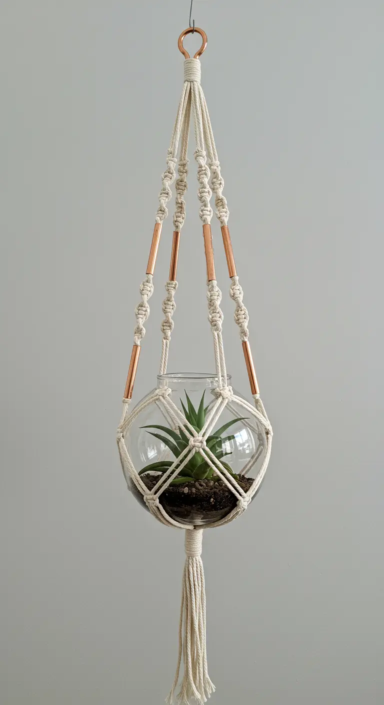 Colgador de macramé con tubos de cobre insertados como cuentas, sosteniendo un terrario esférico.