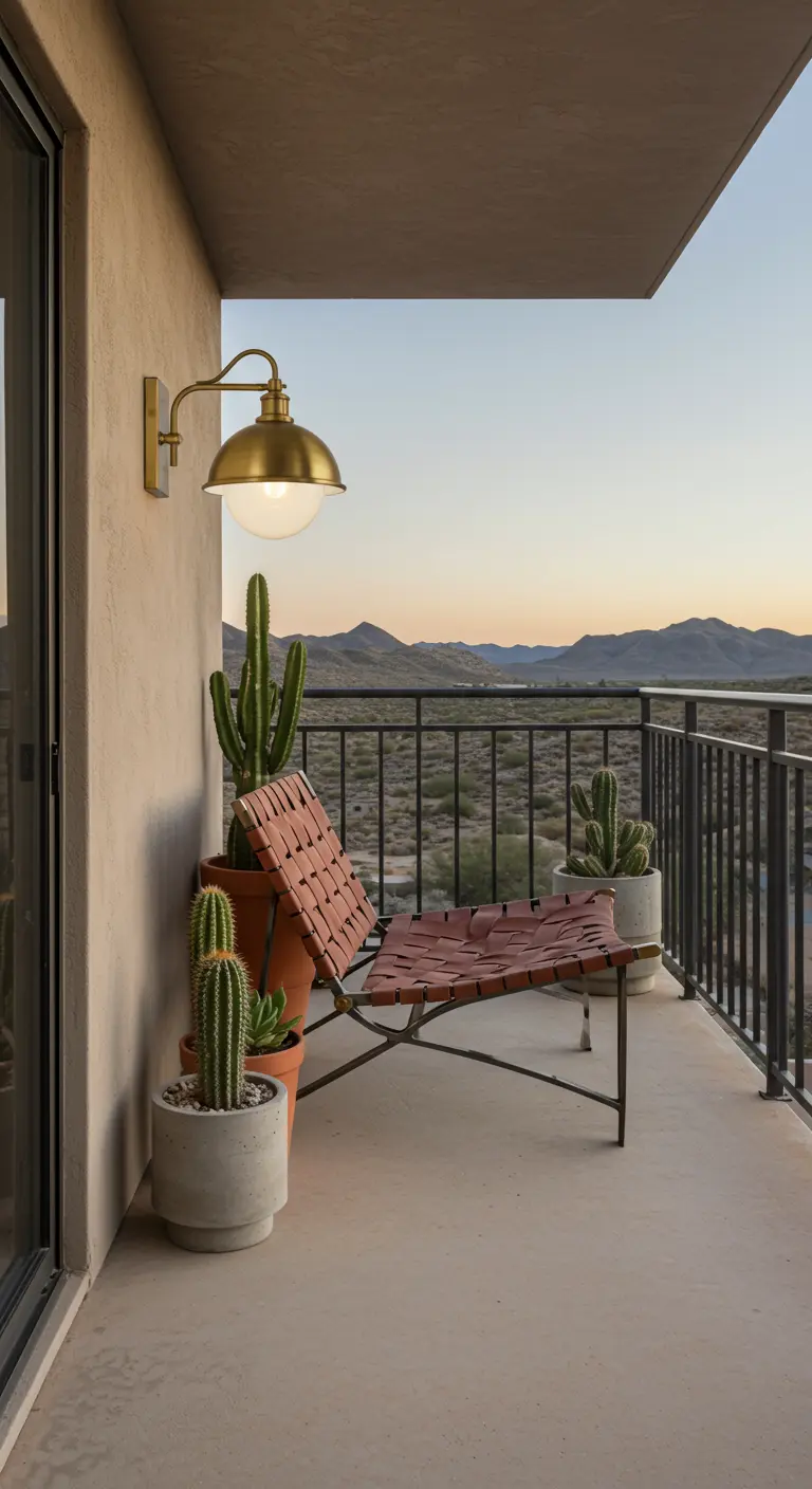 Balcón con vistas al desierto, silla de cuero y metal, aplique de latón y cactus.