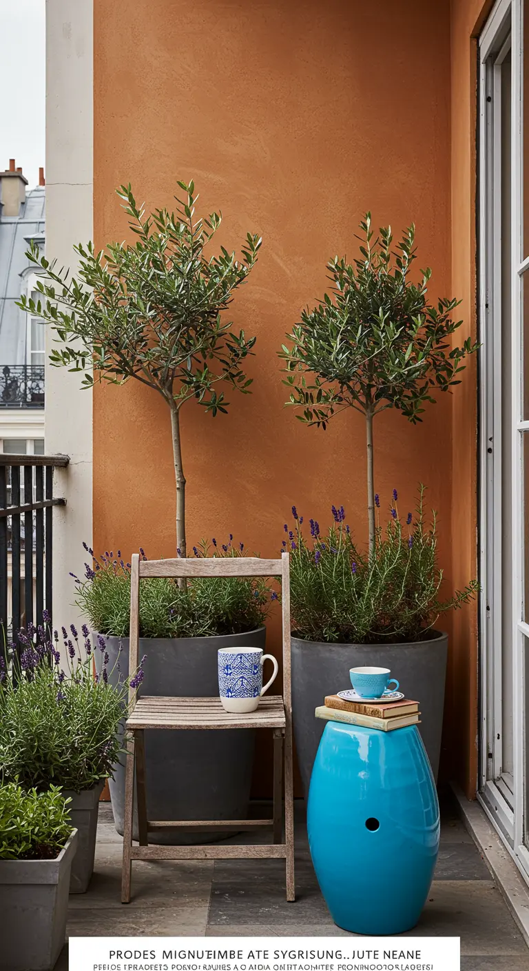 Balcón con una pared color terracota, dos olivos en macetas y una silla de madera plegable.