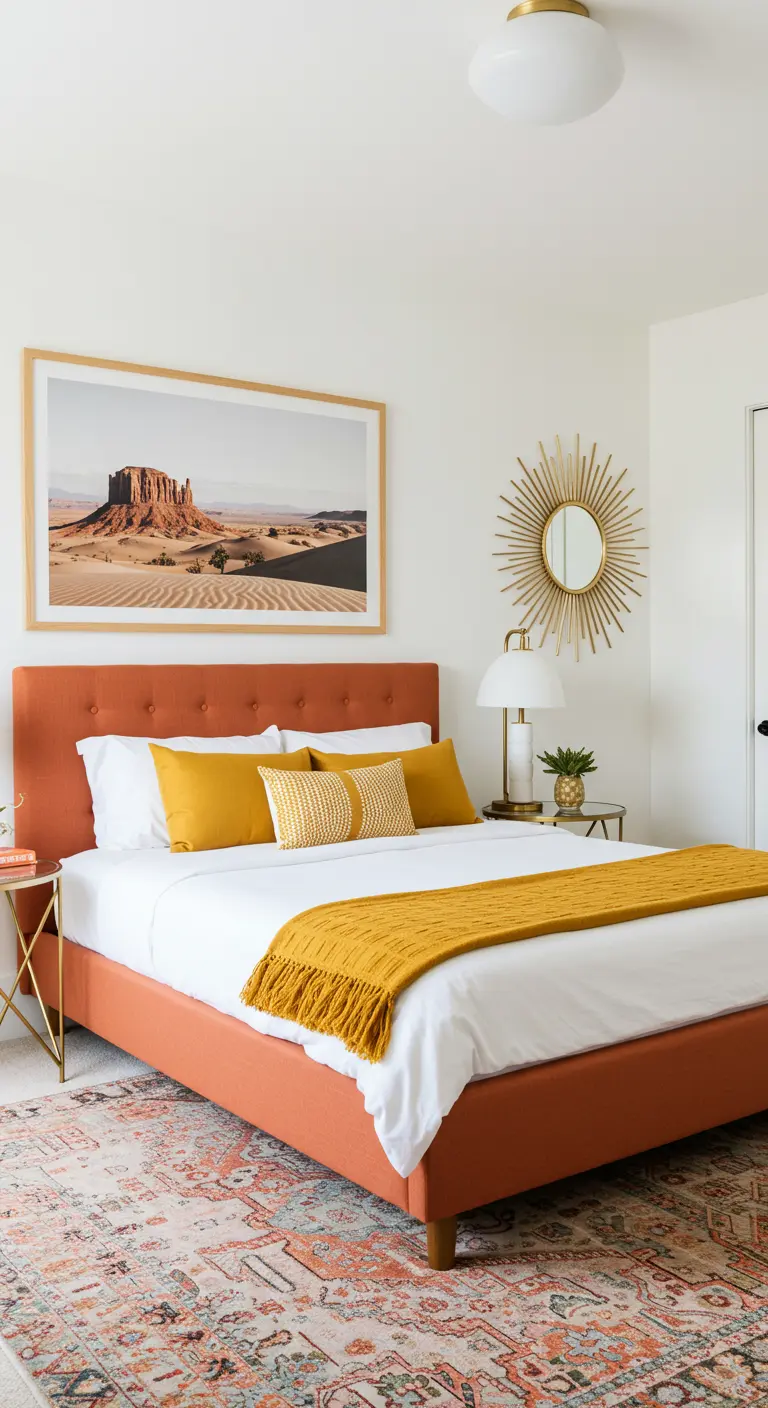 Dormitorio con cabecero tapizado en naranja, ropa de cama blanca y cojines amarillos