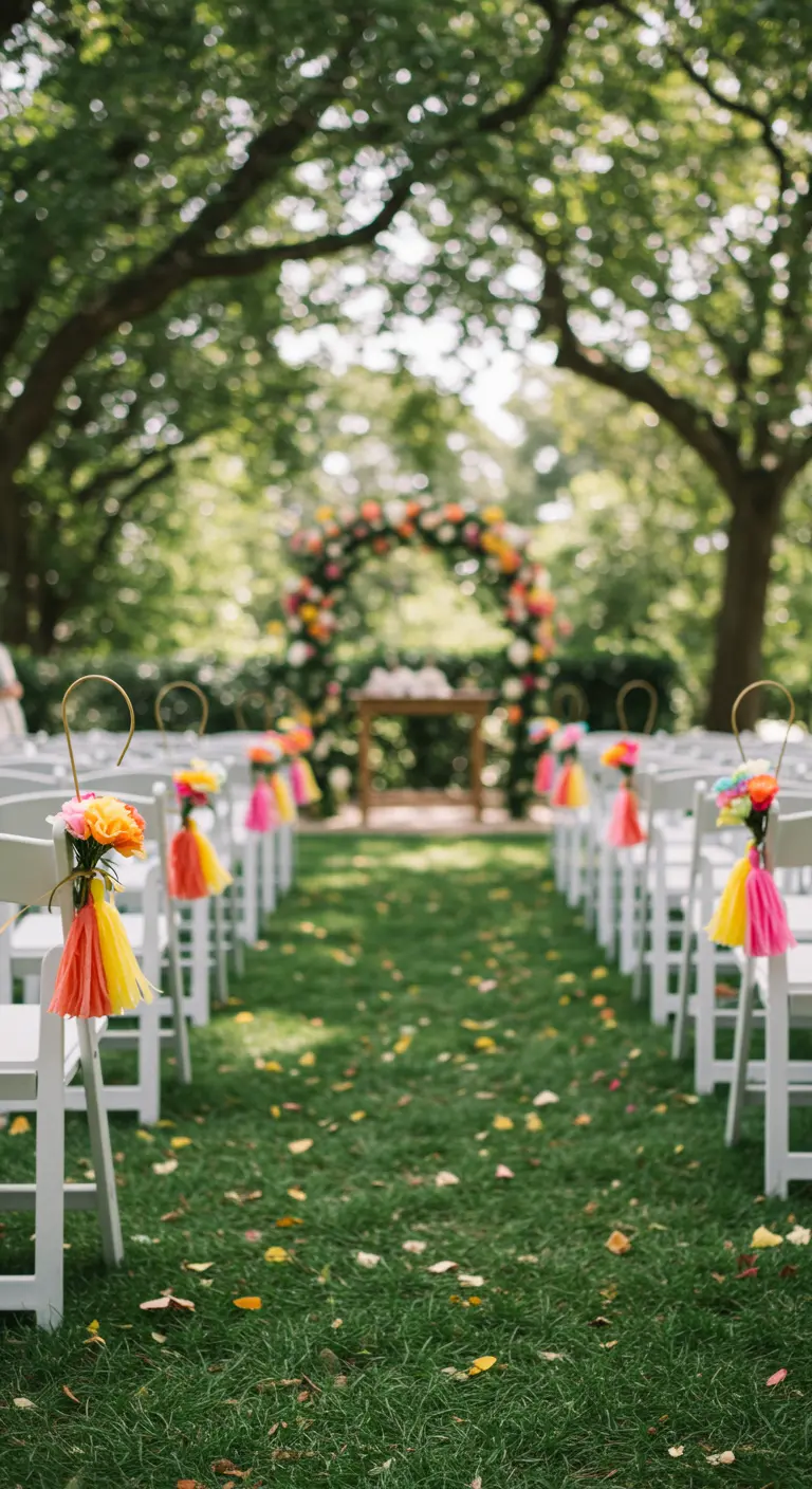 Sillas blancas a lo largo de un pasillo de césped, decoradas con borlas de papel de colores y flores.