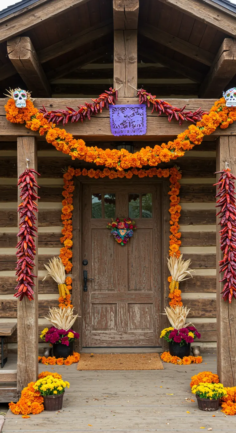 Entrada de una cabaña de madera decorada con guirnaldas de cempasúchil y ajíes secos.