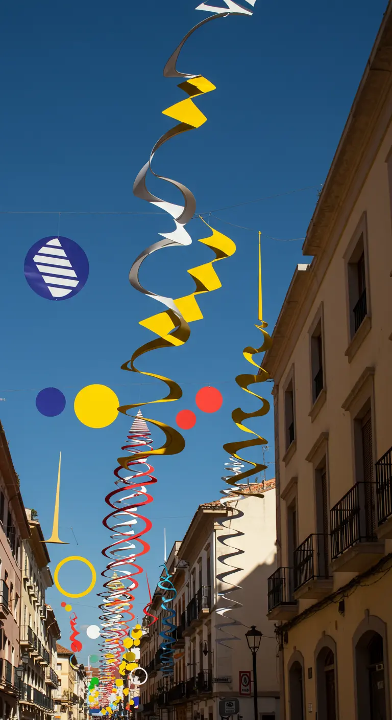 Calle con coloridas decoraciones en espiral y circulares colgando contra un cielo azul.