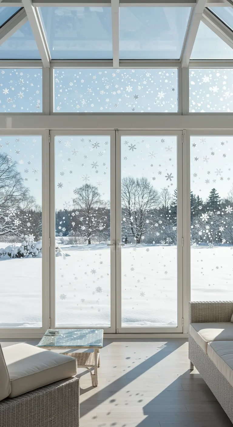 Un solárium con paredes de cristal decorado con múltiples calcomanías de copos de nieve blancos.
