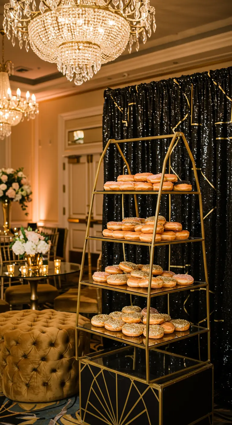 Estantería dorada Art Déco con baldas de cristal llenas de donuts glaseados frente a un fondo negro.