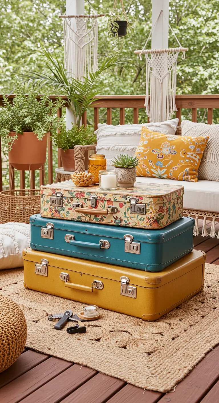 Pila de tres maletas de colores (amarillo, azul, floral) en un porche de estilo bohemio.
