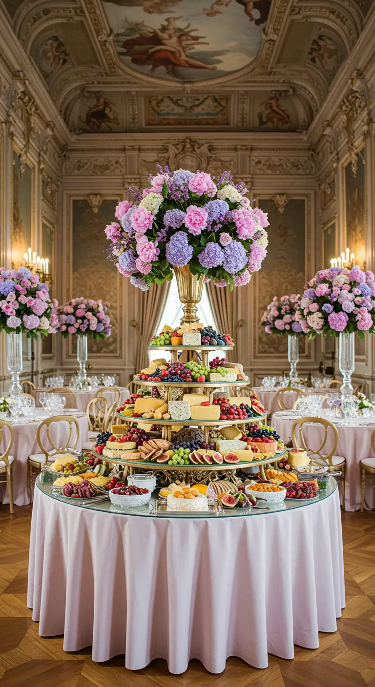 Torre de quesos y frutas de varios pisos en un salón ornamentado.