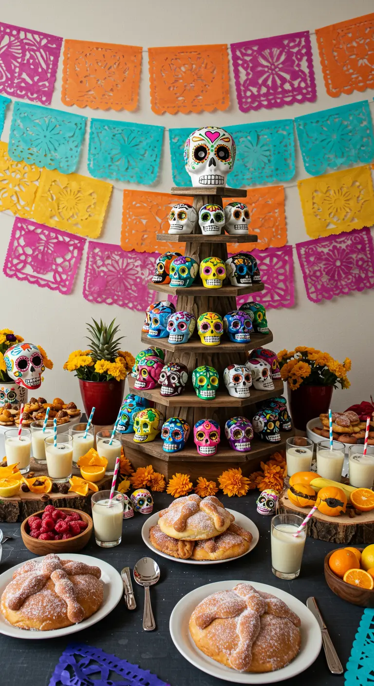 Soporte de madera de varios pisos lleno de calaveritas de azúcar, pan de muerto y frutas.