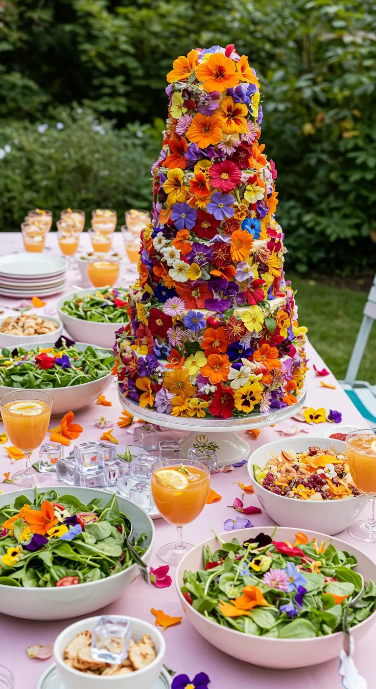 Pastel alto completamente cubierto con una multitud de flores comestibles de colores vivos.