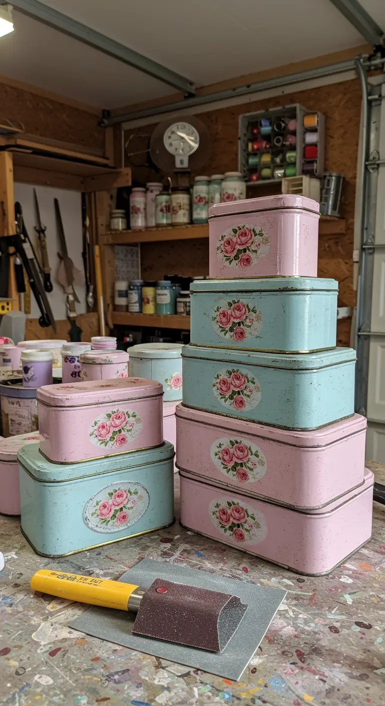 Una pila de cajas de galletas metálicas vintage en tonos pastel rosa y azul con motivos florales.