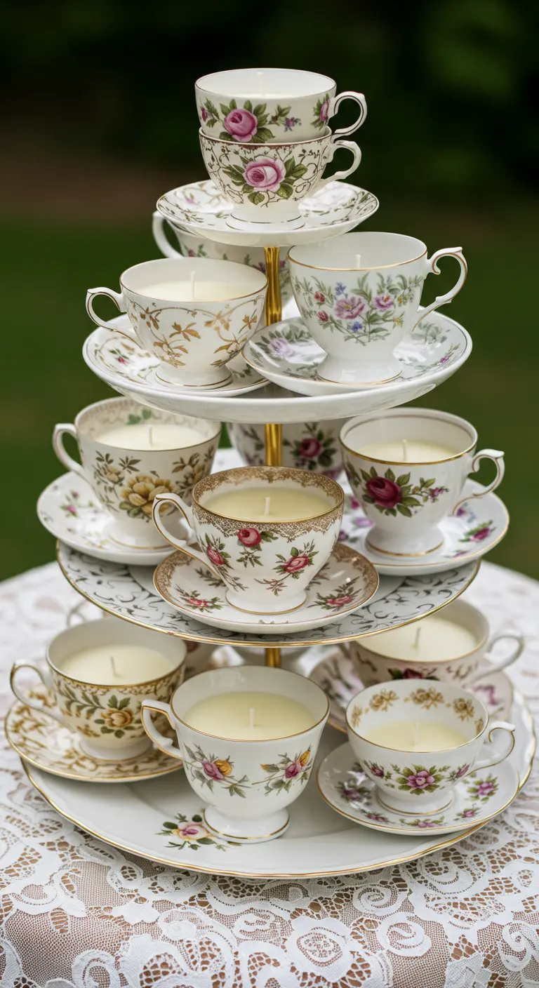 Expositor de tartas de tres pisos lleno de velas en tazas de té florales
