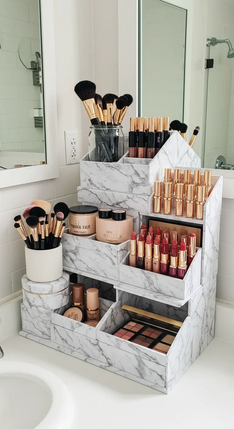 Organizador de maquillaje de varios niveles hecho con cajas forradas de papel de mármol blanco.