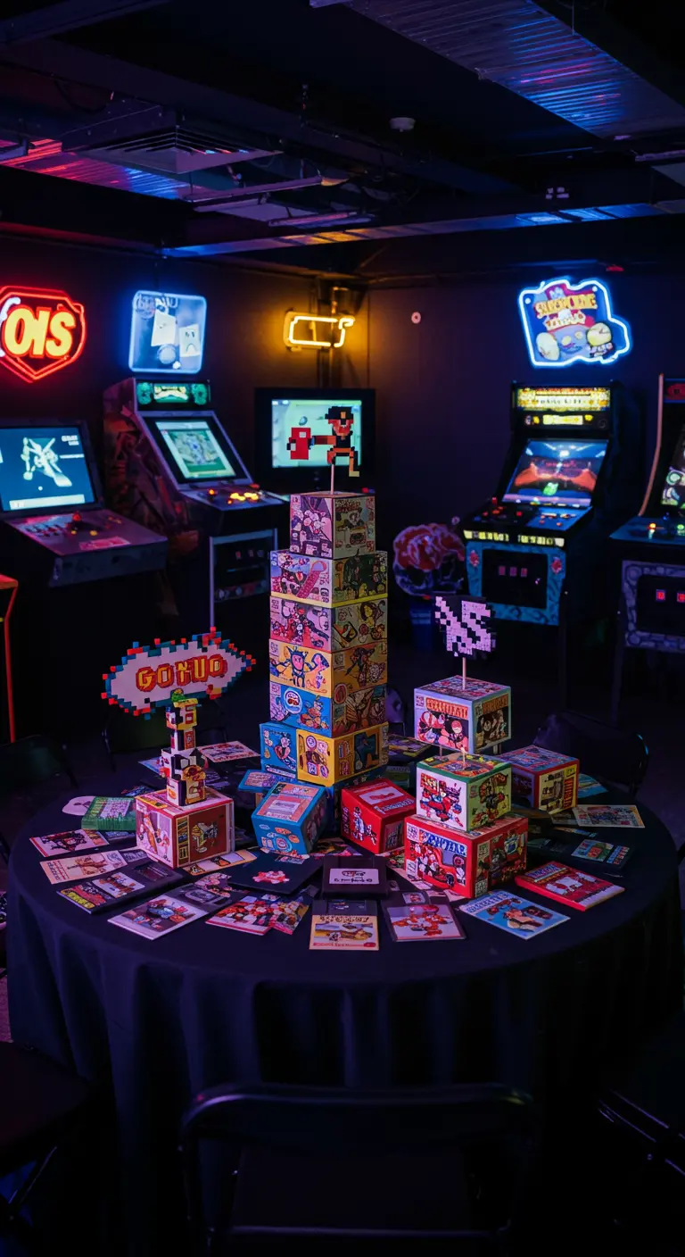 Torre de cajas cubiertas de cómics en una sala de videojuegos arcade con luces de neón.
